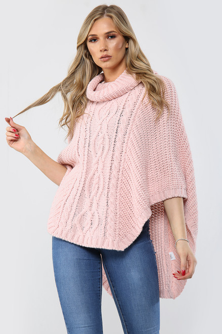 Ladies Cable Knitted Cowl Neck Poncho Pink Unit Price £15.99