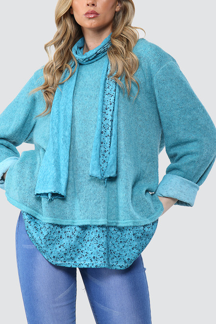 Ladies Floral Print Under-layer Jumper With Scarf Turquoise Unit Price £17.99