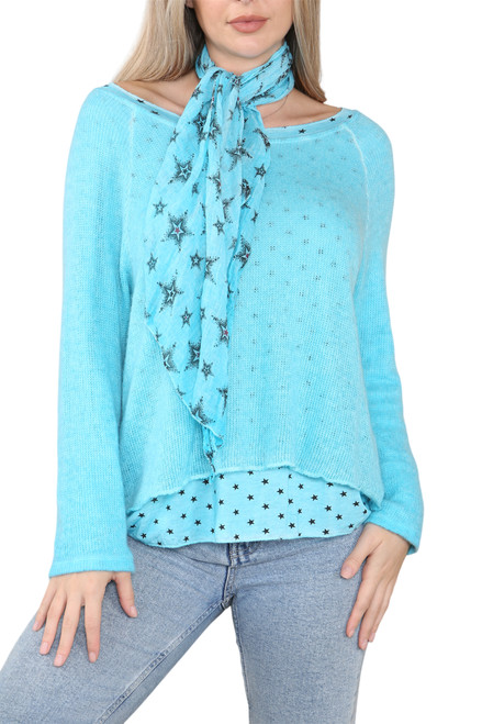 Ladies Star Print Underlayer Jumper Top With Scarf Turquoise Unit Price £17.99