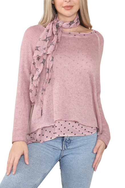 Ladies Star Print Underlayer Jumper Top With Scarf Dusty Pink Unit Price £17.99