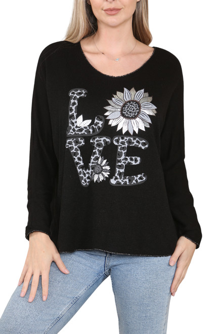 Ladies Love Flower Graphic Jumper Top Black Unit Price £11.99