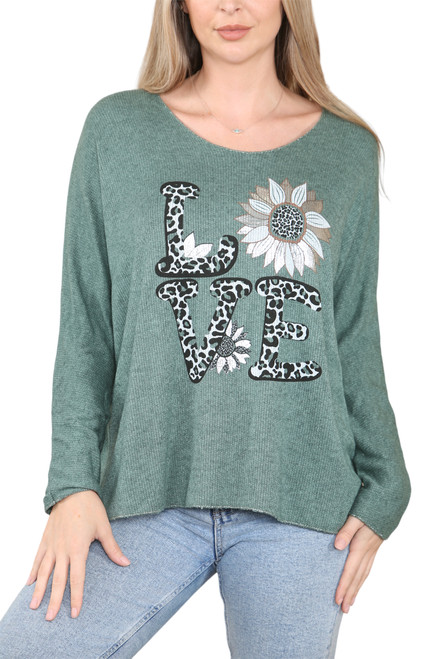 Ladies Love Flower Graphic Jumper Top Green Unit Price £11.99