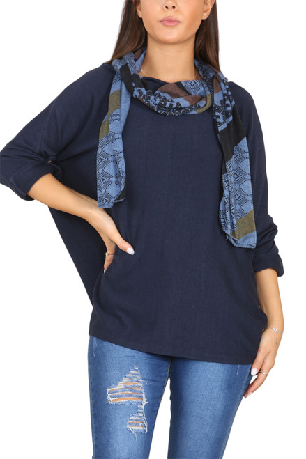 Ladies Round Neck Long Sleeve Top With Printed Scarf Navy Unit Price £11.99