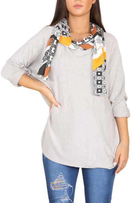 Ladies Round Neck Long Sleeve Top With Printed Scarf Stone Unit Price £11.99