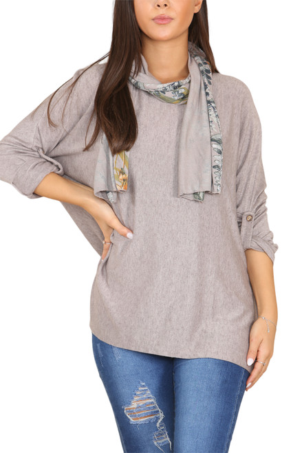 Ladies Round Neck Long Sleeve Top With Printed Scarf Taupe Unit Price £11.99