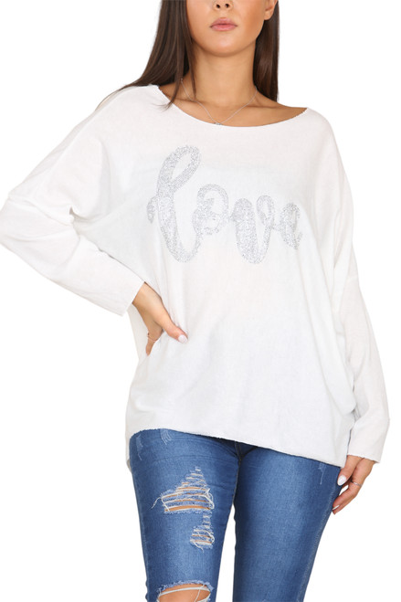 Ladies LOVE Diamante Fine Knit Jumper Top Cream Unit Price £14.99