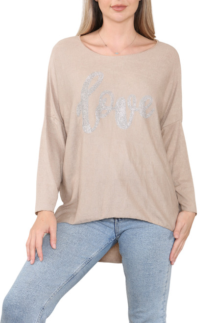 Ladies LOVE Diamante Fine Knit Jumper Top Tan Unit Price £14.99