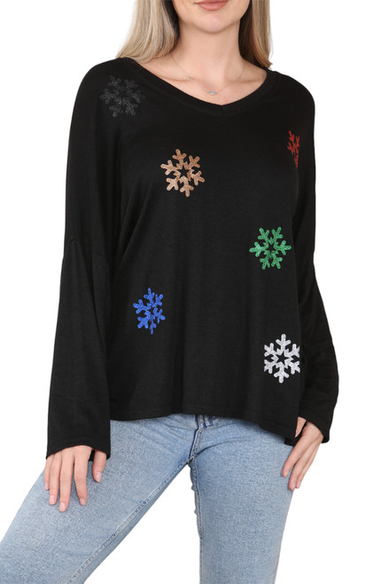 Ladies Foil Snowflakes Graphic Jumper Top Black Unit Price £15.99