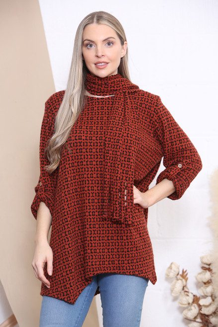 Ladies Knitted Print Jumper Top With Scarf Rust Unit Price £11.99