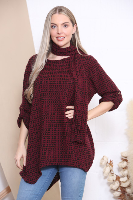 Ladies Knitted Print Jumper Top With Scarf Burgundy Unit Price £11.99