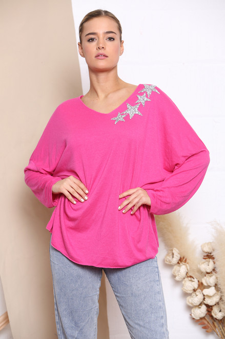 Ladies Sequin Star Shoulder Fine Knit Jumper Top Cerise Unit Price £13.99