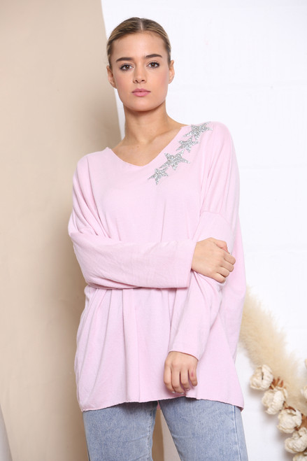 Ladies Sequin Star Shoulder Fine Knit Jumper Top Dusty Pink Unit Price £13.99