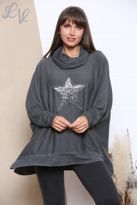 Ladies Sequin Star Fine Knit Cowl Neck Jumper Top Charcoal Unit Price £17.99