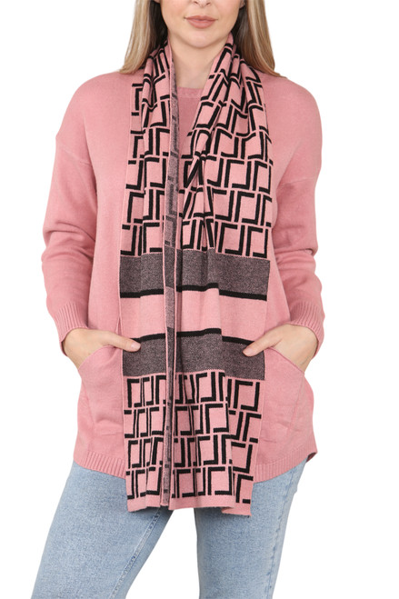 Ladies Knitted Jumper With Geometric Scarf Pink Unit Price £22.99
