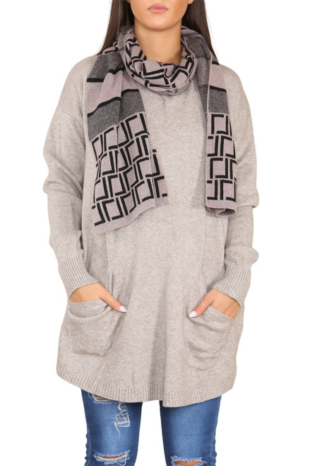 Ladies Knitted Jumper With Geometric Scarf Taupe Unit Price £22.99