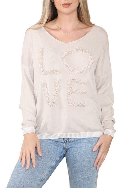Ladies Textured LOVE Knitted Jumper Top Stone