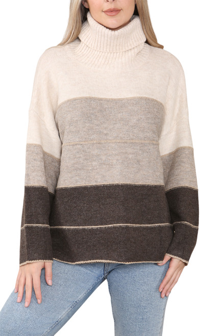Ladies Roll Neck Stripe Colour Block Knitted Jumper Stone Unit Price £22.99