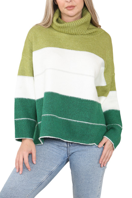 Ladies Roll Neck Stripe Colour Block Knitted Jumper Green Unit Price £22.99