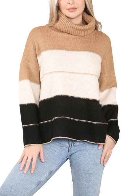 Ladies Roll Neck Stripe Colour Block Knitted Jumper Tan Unit Price £22.99