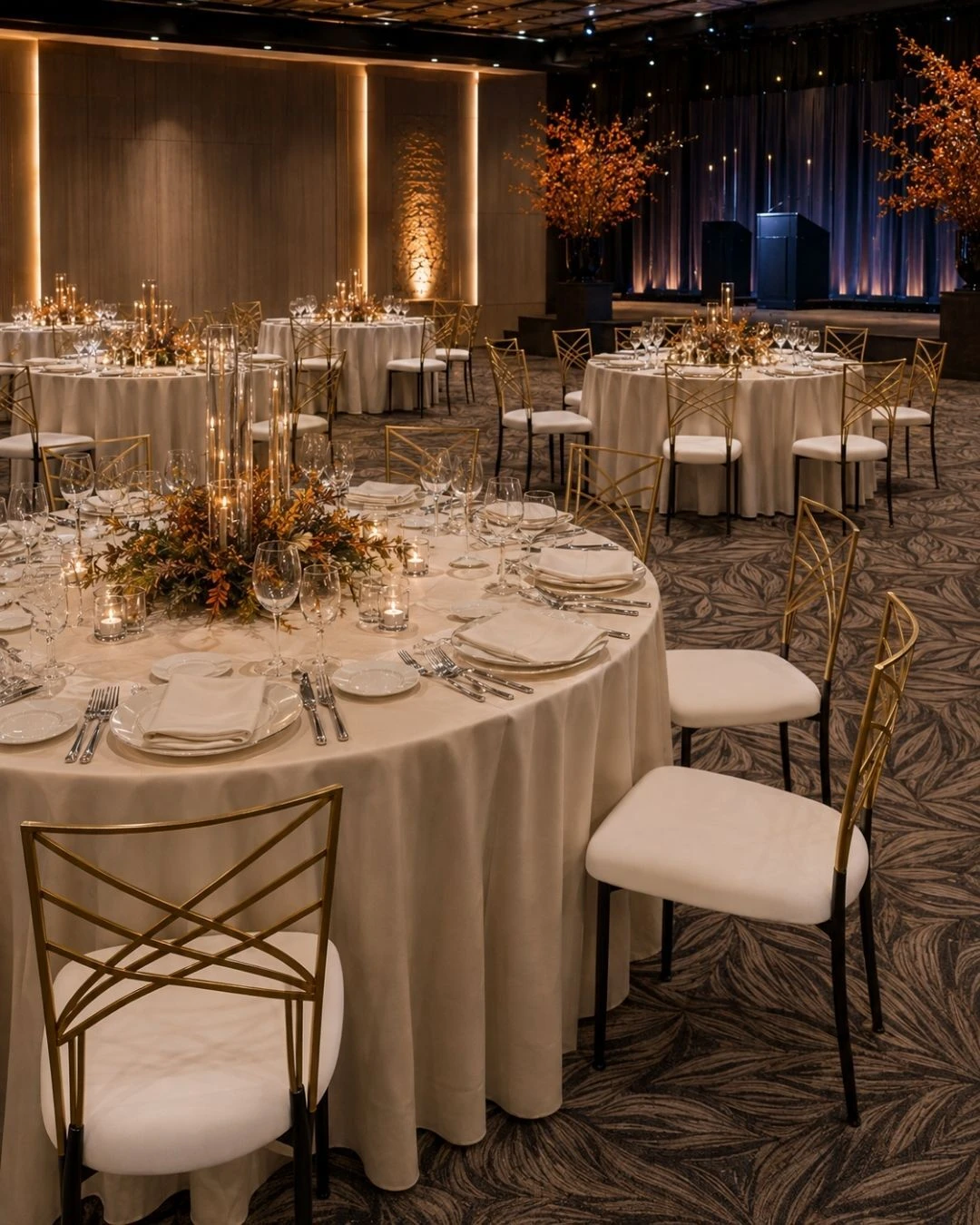 Elegant tables arranged for a gala dinner