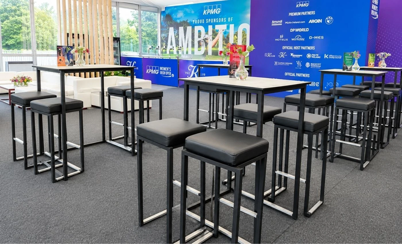 Black Flow cube high tables and stools at the KPMG Women's Irish Open