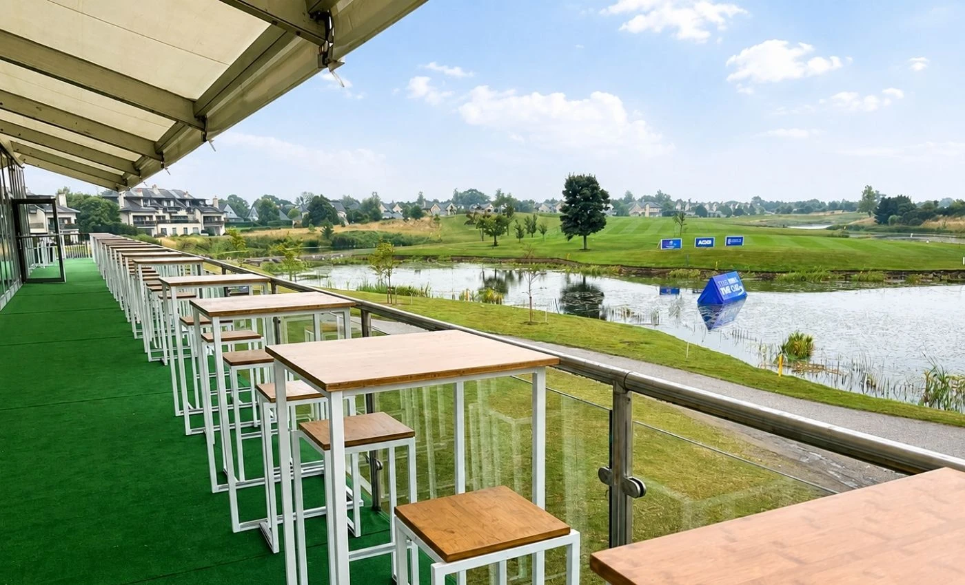 White Flow cube high tables and stools overlooking the course at the KPMG Women's Irish Open
