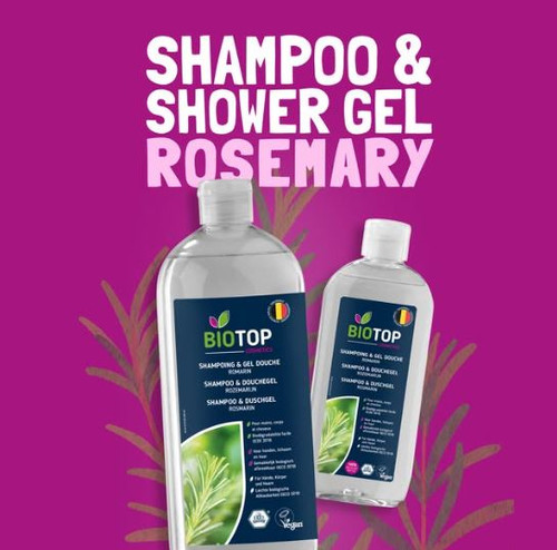 Biotop shampoo en douchegel met rozemarijn, vegan verzorging voor haar en lichaam.
