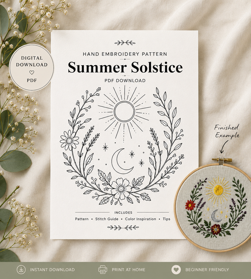 Floral Summer Solstice Hand Embroidery Pattern with Companion Journal Guide Digital Download