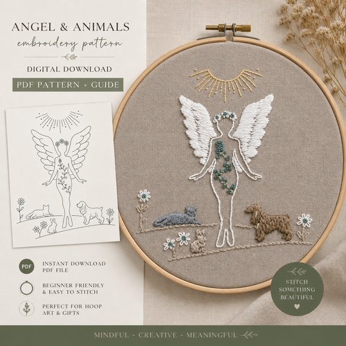 Animal Guardian Angel Hand Embroidery Pattern, Slow Stitch Digital Download