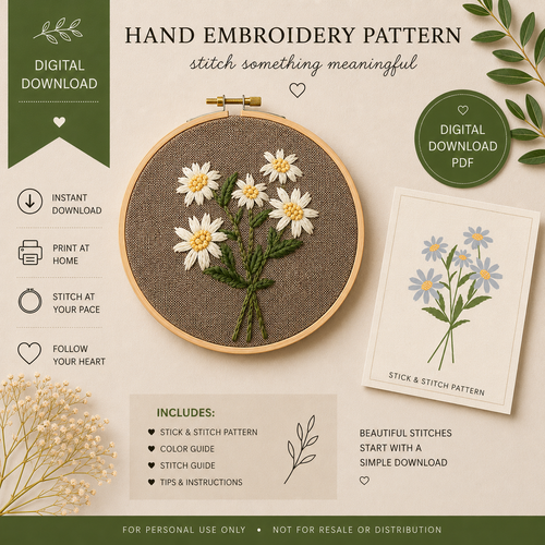 Daisy Bouquet Pattern Hand Embroidery Pattern, Slow Stitch Digital Download