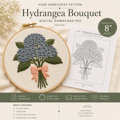Hydrangea Bouquet PDF Pattern Hand Embroidery Pattern, Slow Stitch Digital Download