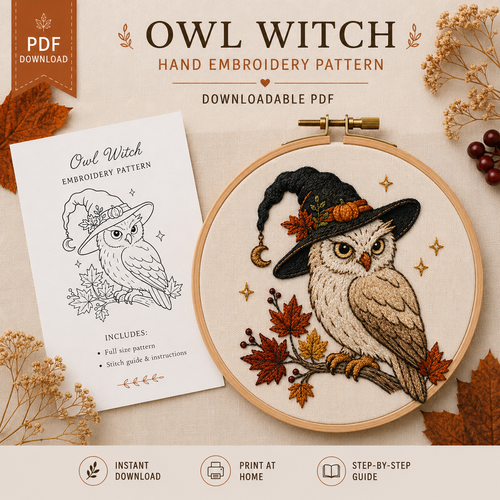 Autumn Halloween Owl Witch PDF Pattern Hand Embroidery Pattern, Slow Stitch Digital Download