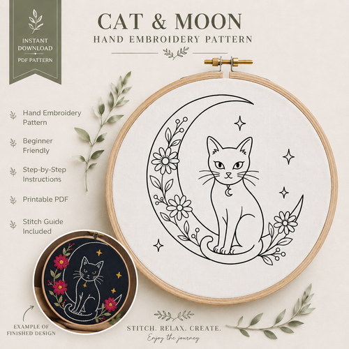  Autumn Halloween Floral Moon and Cat PDF Pattern Hand Embroidery Pattern, Slow Stitch Digital Download