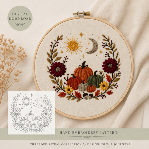 Floral Fall Equinox Hand Embroidery Pattern with Companion Journal Guide Digital Download