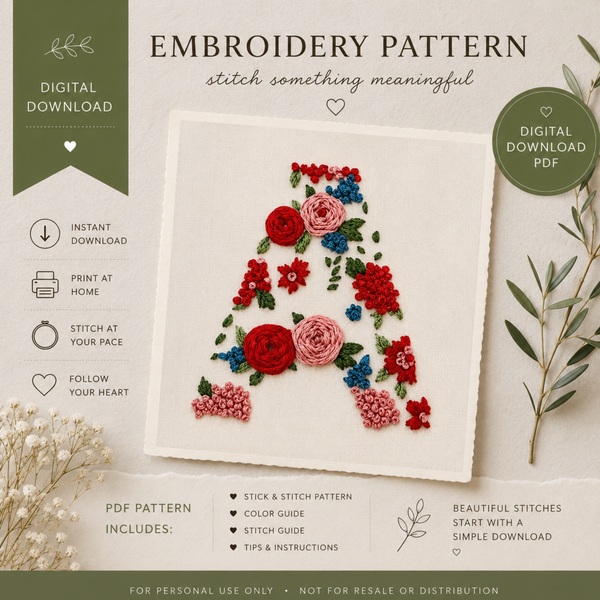Rose Floral Alphabet Pattern for Hand Embroidery, Letters A - Z Digital Download