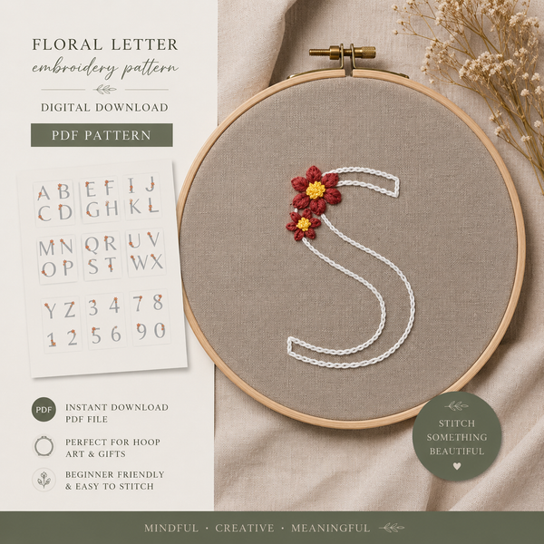 Floral Letters and Numbers PDF Pattern Hand Embroidery Pattern, Slow Stitch Digital Download