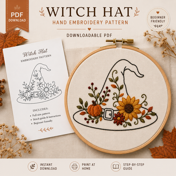 Autumn Floral Witch Hat PDF Pattern Hand Embroidery Pattern, Slow Stitch Digital Download