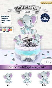 Peanut Elephant Centrepiece for Baby Boy Shower in Lavender & Teal PNG - 3 Sizes