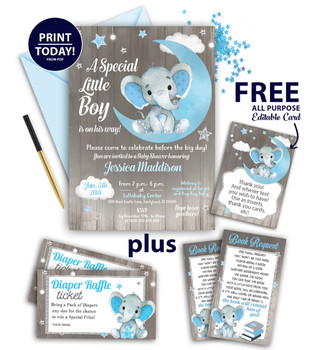  Elephant  boy male Invitation for Baby Shower, Rustic Moon, Stars, Clouds, silver, blue and gray. Free Thank you card, diaper raffle, book request