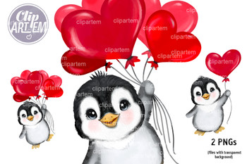 
2 Watercolor Penguins with Red Heart Balloons clip art.
1 Penguin holding in hand just one red balloon, 
1 Penguin holding (flying) with bunch of balloons.

File Format: PNG file with transparent background. Size is 12"" high.


 