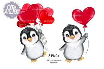 Penguins with Heart Balloons 2 PNG set 