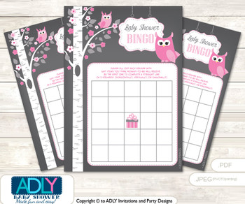 Printable Forest Owl Bingo Game Printable Card for Baby Girl Shower DIY grey, Forest, Spring