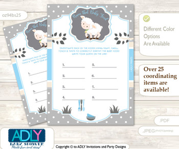 Boy Lamb Guess Baby Food Game or Name That Baby Food Game for a Baby Shower, Blue Grey Polka