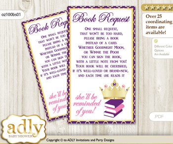 Request a Book Instead of a Card for Pink Purple Princess Baby Shower or Birthday, Printable Book DIY Tickets, Royal,Gold