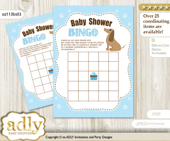 Printable Sausage Dog Bingo Game Printable Card for Baby Boy Shower DIY grey, Sausage, Blue