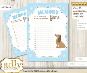 Boy Dog Memory Game Card for Baby Shower, Printable Guess Card, Sausage, Blue