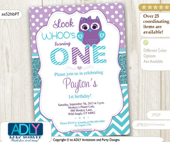 Teal and Purple Girl Owl Birthday Invitation, chevron and polka
