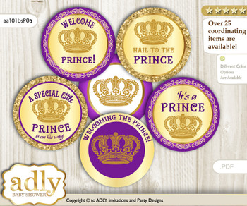 Baby Shower Royal Prince Cupcake Toppers Printable File for Little Royal and Mommy-to-be, favor tags, circle toppers, Purple, Gold Crown