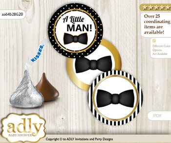 Printable  Boy Bow Tie Candy Kisses for Baby Boy Shower DIY Black Gold , Stripes