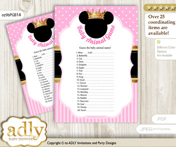 Printable Minnie Mouse Baby Animal Game, Guess Names of Baby Animals Printable for Baby Mouse Shower, Pink Gold, Princess